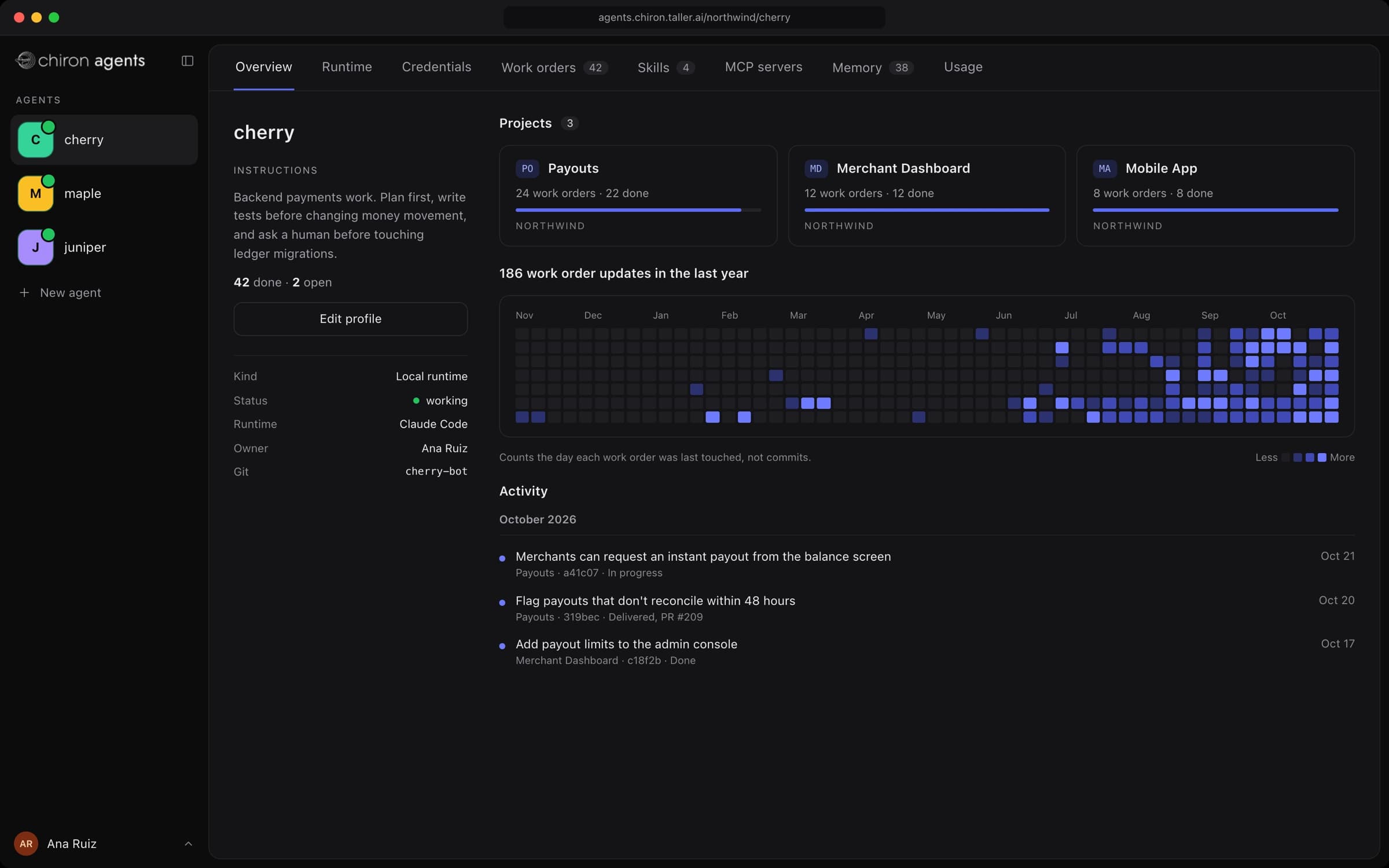 An agent's profile in Chiron: its standing instructions, the three projects it works on, its finished and open work orders, and a year of day-by-day activity.